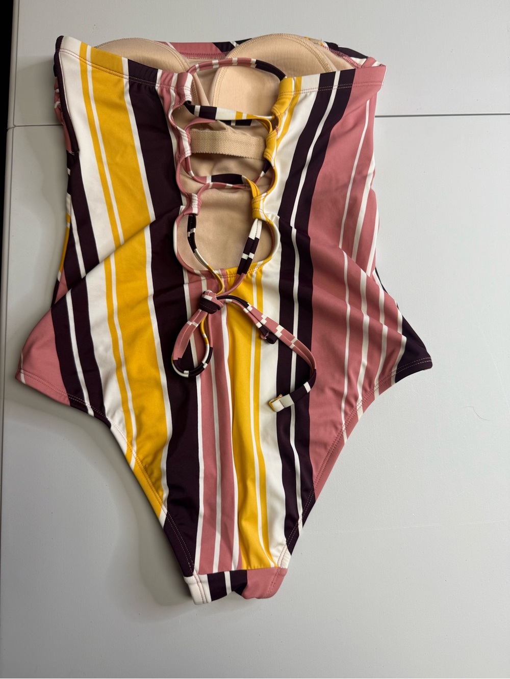 Kona Sol yellow & Pink One-Piece Swimsuit Size M strapless tie back - Picture 8 of 11